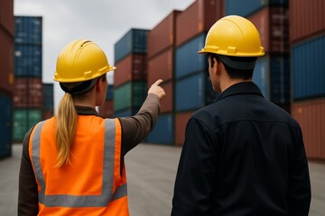 Two workers wearing yellow helmets and safety vests at a shipping yard, inspecting cargo containers, realistic style, outdoor background, teamwork concept. Ai generative