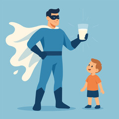 Friendly superhero offering a glass of milk to a child. Cheerful flat illustration with positive characters, simple shapes and bright colors in a modern style.