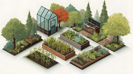 Isometric Illustration of a community garden with raised beds greenhouse trees and pathways promoting urban gardening and sustainable living