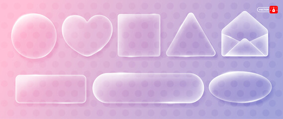 Plakat Glass morphism concept. 3D liquid glass design elements, circle, square, triangle, heart, envelope, rectangle, ellipse. Buttons are made of matte translucent glass with sparkling edges. Vector