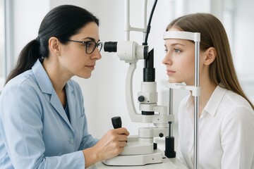 Female optometrist examining young woman’s eyes with slit lamp in bright medical office, showing healthcare concept and professional diagnosis. Ai generative