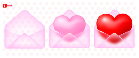 Valentines Day design elements. Envelope icon with glass morphism effect. 3D pink translucent envelope set, open, with red or pink heart inside. Matte transparent glass with sparkling edges. Vector