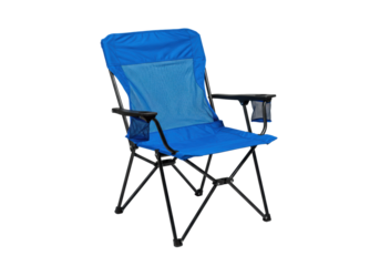 a new, cobalt blue nylon portable folding tourist chair featuring integrated mesh cup holders and a sturdy black metal frame, isolated on a transparent background, concept of essential outdoor gear