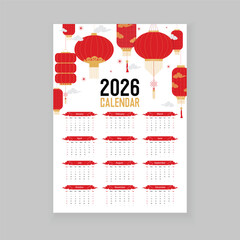 2026 calendar design template. red color design. 2026 Chinese new year calendar template. chinese lanterns background 
