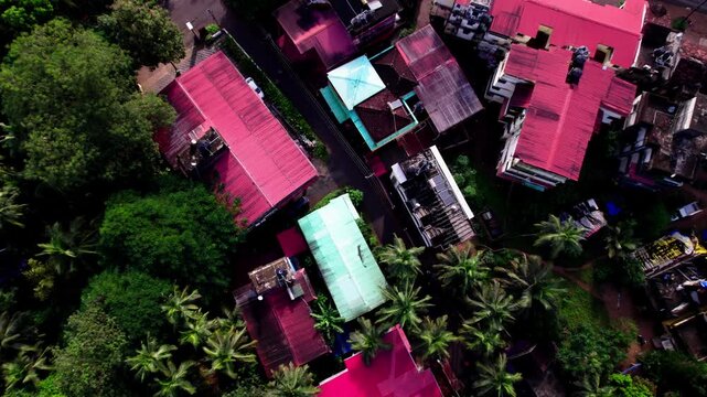 Red roof top buildings with coconut trees and narrow road at colva, goa, india. day time, top down, push back shot, drone shot, 4k.