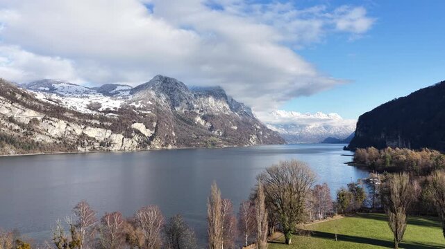 aerial view of walensee and surrounding alpine scenery in switzerland