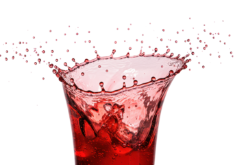 hyperrealistic macro shot of high-viscosity, ruby-red, carbonated liquid frozen into an intricate splash crown with fine droplets, isolated on white studio background, hard rim lighting. concept for