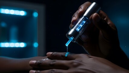 Dramatic Close-Up of Black Man's Hands Applying Biolecent Serum with Tech Device