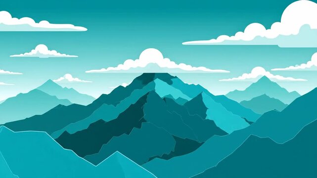 Stunning Teal Mountain Range Landscape with Fluffy White Clouds in a Clear Sky.