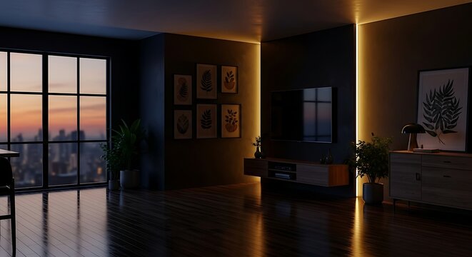 Modern living room interior at twilight with ambient warm led strip lighting illuminating dark walls, large window view of city skyline