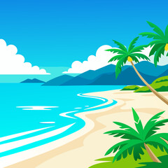 Tropical beach scene with palm trees, ocean, and sandy shore.