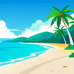 Vibrant tropical beach with palm trees, blue ocean, and sand
