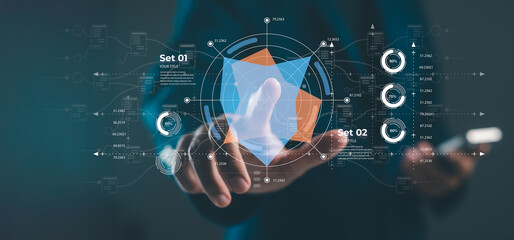 A person interacting with a digital interface, displaying data visualization elements and metrics in a futuristic setting.