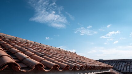 ceramic tile roof on blue sky background with copy space