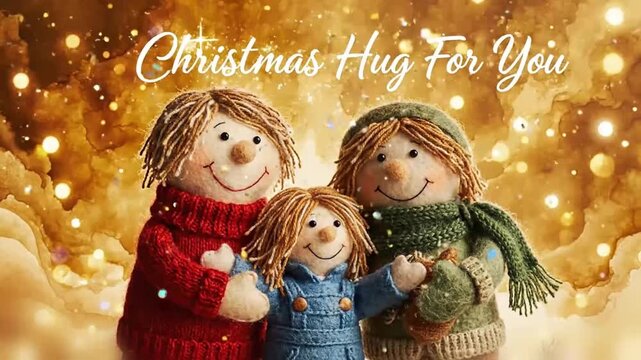 felt puppet family hugs in slow motion as the background melts into warm golden watercolor light with soft falling glitter and the message christmas hug for you appearing