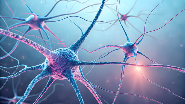 A highly detailed, three-dimensional, glowing microscopic view of active human nerve cells, showcasing the complex, vibrant blue and pink dendritic branches forming critical synaptic connections withi