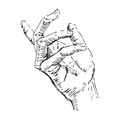 Detailed Hand-Drawn Human Hand Vector Illustration in Vintage Engraving and Hatching Style, Open Palm Reaching or Grasping Gesture.