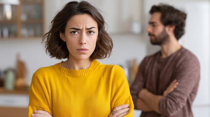 Upset couple fighting, home kitchen argument, woman looks offended, yelling emotional stress, difficulty disagreement display, relationship conflict moment, domestic tension scene,