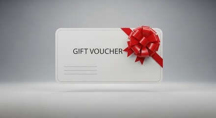 Minimal white gift voucher with red decorative bow – isolated grey scene 3D design