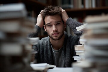 student overwhelmed between books in library