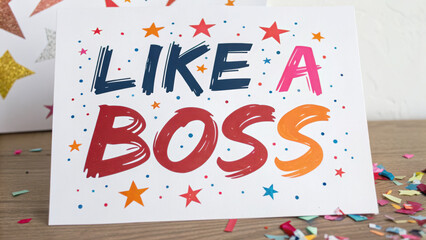 Employee appreciation day illustration. Colorful card with Like Boss typography surrounded by stars and confetti on wooden surface