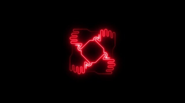 Glowing red neon hands forming shape of unity and teamwork on black background