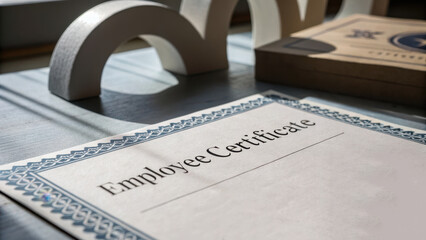 Employee appreciation day illustration. Employee certificate with embossed texture on wooden desk, showcasing professional recognition