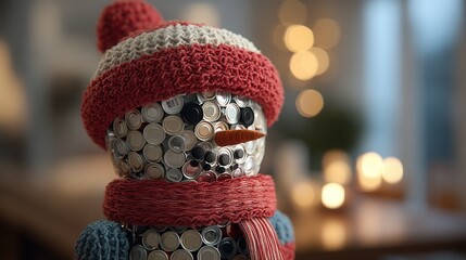 sustainable christmas Snowman made from recycled materials with a cozy hat and scarf.