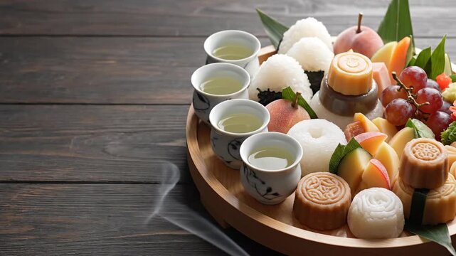 Traditional Mid-Autumn Festival Delights - Mooncakes, Fruits, and Tea on a Wooden Table.