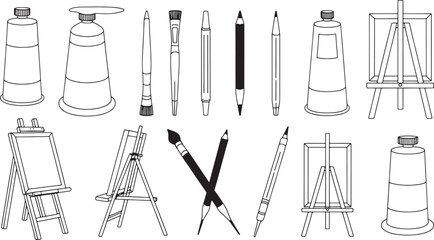 Collection of black and white line art drawing art supplies and easels artist painting