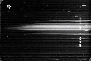 Grayscale, horizontal lines create a light streak. Distorted, noisy effect with black borders