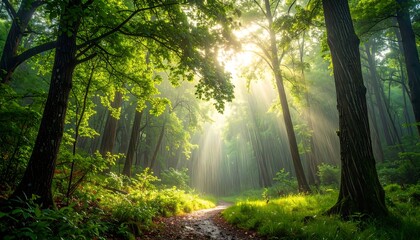 Obraz premium Sunny path through dense green forest, with bright sunbeams piercing through the canopy, creating a tranquil atmosphere