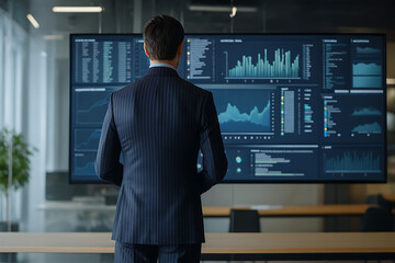 A corporate professional in a pinstripe suit is observing an expansive monitor showing multiple business dashboards with various financial charts and reports in an office