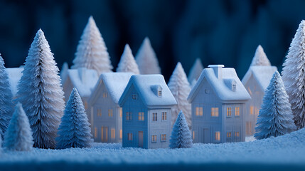 Fototapeta premium Snow-covered houses illuminated in a winter village during nighttime with tall trees surrounding