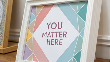 Employee appreciation day illustration. Colorful framed sign with uplifting slogan You Matter Here in geometric design