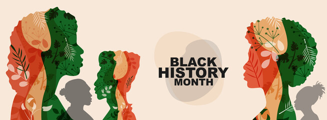 Black History Month 2026 banner. Silhouette of people with floral elements.	