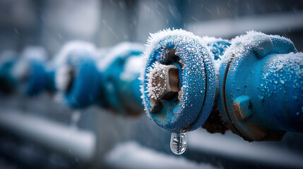 Industrial valves with frost rings and soft blue winter light, premium texture shot