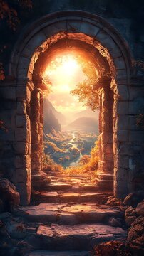 Mystical Portal: Ancient Stone Archway Leading to a Sunlit Valley Vista