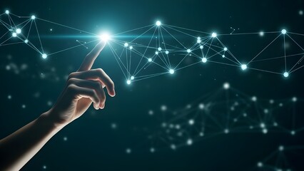 Human finger touching glowing network node, digital technology
