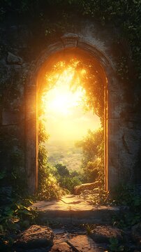 Enchanted Passage: Stone Archway Leading to a Luminous Vista of Serene Landscapes