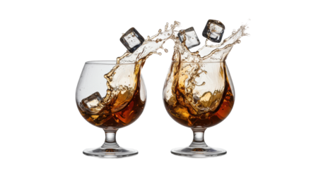 Two classic cognac snifters on a high-gloss surface, high-speed capture of ice cubes creating an explosive amber liquid splash, hyperrealistic macro shot concept for luxury advertising