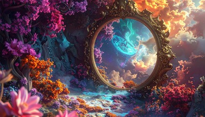 Ornate golden circular frame showcasing a vivid dreamy scene with swirling colors amidst pink and orange flora