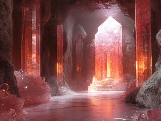 Mystical crystal cavern with monoliths bathed in ethereal pink light