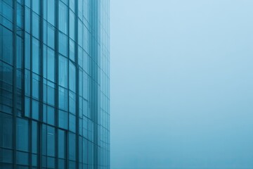 Obraz premium A teal-toned skyscraper partially obscured by a misty atmosphere on a gloomy day