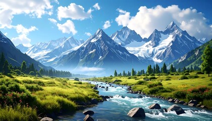 Serene mountain landscape with a flowing river, lush meadow, and cloudy blue sky on a sunny day