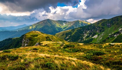 Rolling, grassy hills with craggy peaks under a dramatic cloudy sky in daytime, mountain ridge perspective