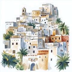Casbah of Algiers. Casbah of Algiers hand drawn watercolor illustration on white background
