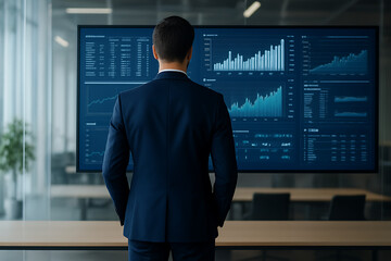 A high-level manager in a dark blue suit examines the details of multiple data visualization screens with financial graphs and key performance metrics