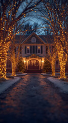Elegant house glows with warm string lights, creating magical winter spectacle. Illuminated trees frame snowy driveway, evoking delightful festive holiday atmosphere