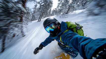 POV snowboarding downhill, powder flying into view, WINTEROUTDOOR, cinematic motion blur,